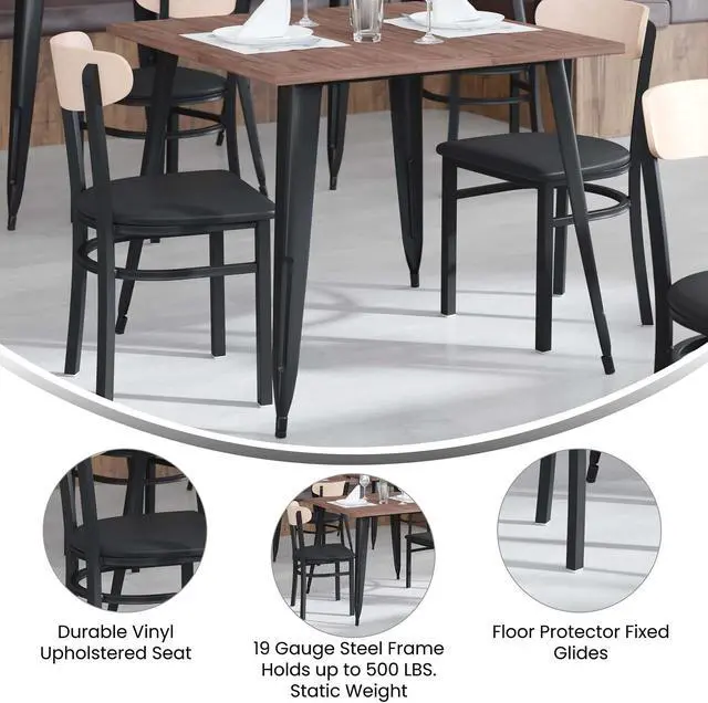 Alt view image 6 of 20 - Wright Commercial Dining Chair with 500 LB. Capacity Black Steel Frame, Natural Birch Finish Wooden Boomerang Back, and Black Vinyl Seat