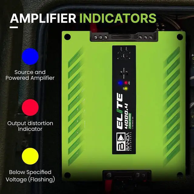 Alt view image 3 of 10 - GREEN ELITE 4000.4 Four Channel 1000 Watts Max @ 2 Ohm Car Audio Amplifier w/Highpass Filter and Low Pass Filter