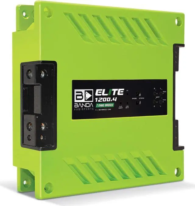 Main image of 1200.4 1 ohms Four Channel 300 Watts Max @ 2 Ohm Car Audio Amplifier w/Highpass Filter and Low Pass Filter GREEN
