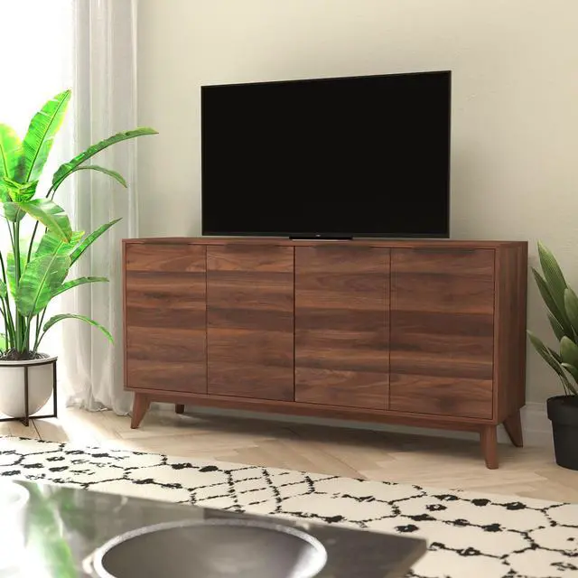 Alt view image 4 of 12 - Hatfield Mid-Century Modern 60 Inch 4 Door Storage Buffet Sideboard, 4 Soft Close Doors, Adjustable Shelves, TV Stand for up to 64" TV's, Dark Walnut