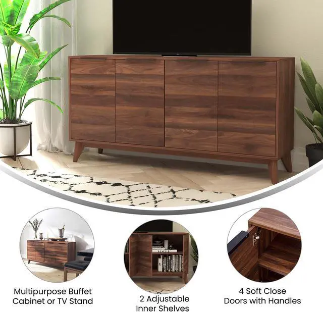 Alt view image 5 of 12 - Hatfield Mid-Century Modern 60 Inch 4 Door Storage Buffet Sideboard, 4 Soft Close Doors, Adjustable Shelves, TV Stand for up to 64" TV's, Dark Walnut