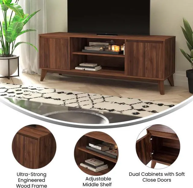 Alt view image 4 of 18 - Hatfield Mid-Century Modern TV Stand in Walnut for up to 64 inch TV's - 60 Inch Media Center with Adjustable Center Shelf and Dual Soft Close Doors