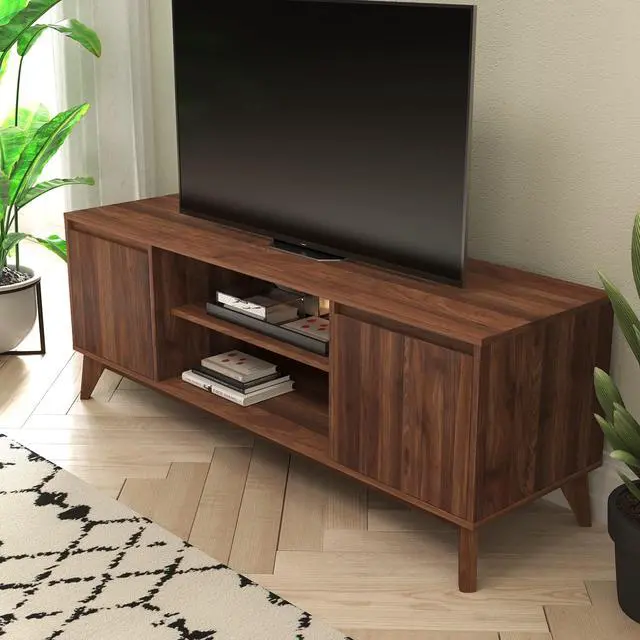 Alt view image 3 of 18 - Hatfield Mid-Century Modern TV Stand in Walnut for up to 64 inch TV's - 60 Inch Media Center with Adjustable Center Shelf and Dual Soft Close Doors