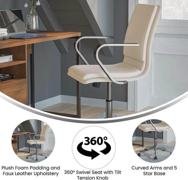 Alt view image 3 of 15 - James Mid-Back Designer Executive LeatherSoft Office Chair with Brushed Chrome Base and Arms, Taupe
