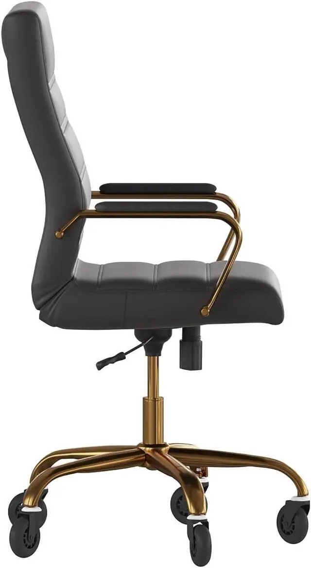 Alt view image 4 of 20 - Whitney High Back Black LeatherSoft Executive Swivel Office Chair with Gold Frame, Arms, and Transparent Roller Wheels