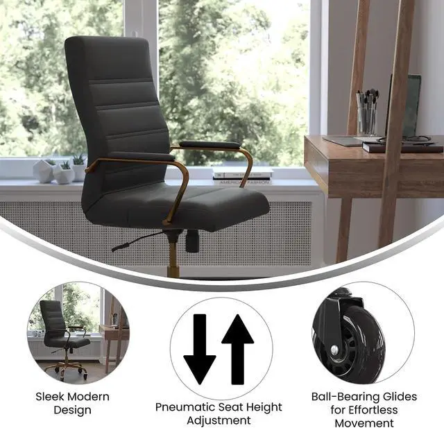 Alt view image 2 of 20 - Whitney High Back Black LeatherSoft Executive Swivel Office Chair with Gold Frame, Arms, and Transparent Roller Wheels