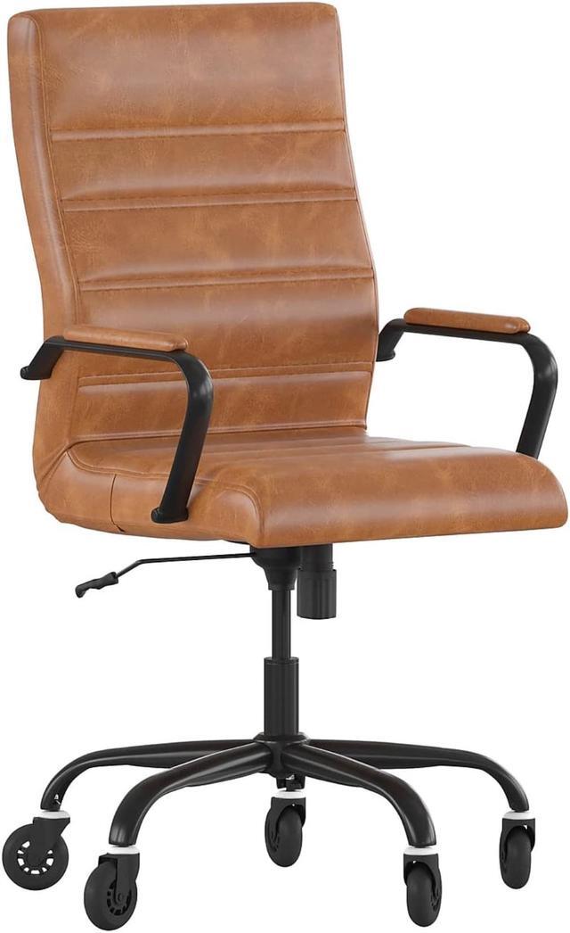 Main image of Whitney High Back Brown LeatherSoft Executive Swivel Office Chair with Black Frame, Arms, and Transparent Roller Wheels