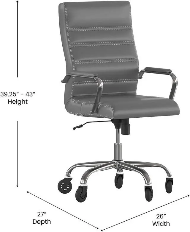 Alt view image 3 of 20 - Whitney High Back Gray LeatherSoft Executive Swivel Office Chair with Chrome Frame, Arms, and Transparent Roller Wheels