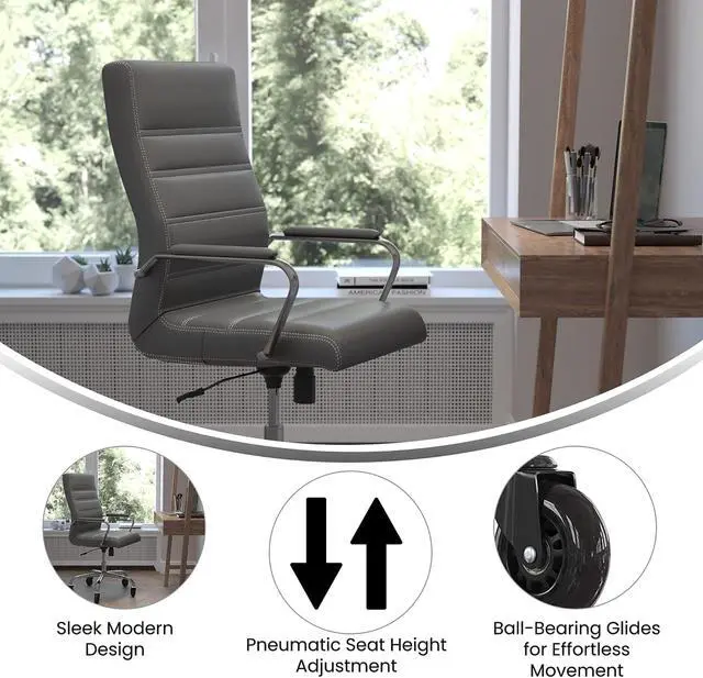 Alt view image 2 of 20 - Whitney High Back Gray LeatherSoft Executive Swivel Office Chair with Chrome Frame, Arms, and Transparent Roller Wheels