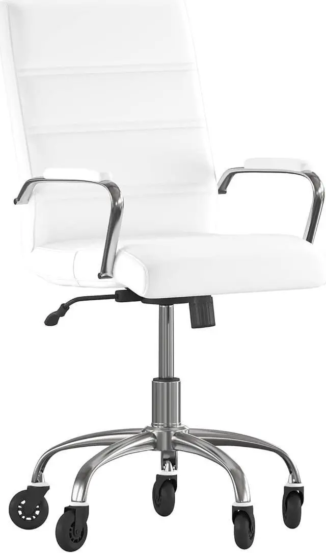 Main image of Camilia Mid-Back White LeatherSoft Executive Swivel Office Chair with Chrome Frame, Arms, and Transparent Roller Wheels