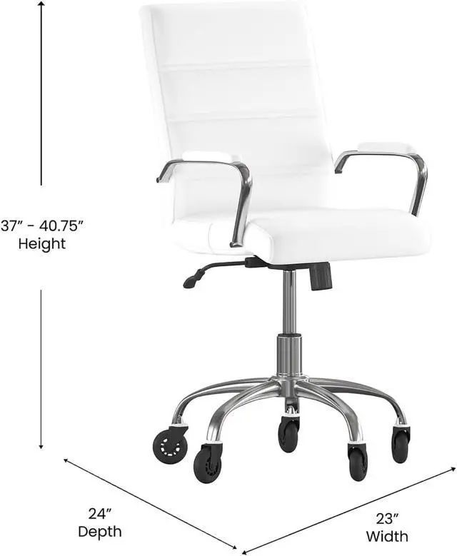 Alt view image 3 of 20 - Camilia Mid-Back White LeatherSoft Executive Swivel Office Chair with Chrome Frame, Arms, and Transparent Roller Wheels