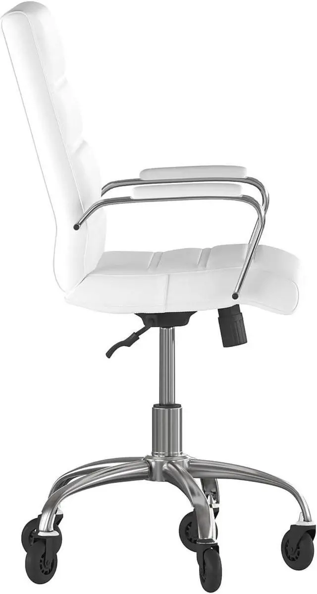 Alt view image 4 of 20 - Camilia Mid-Back White LeatherSoft Executive Swivel Office Chair with Chrome Frame, Arms, and Transparent Roller Wheels