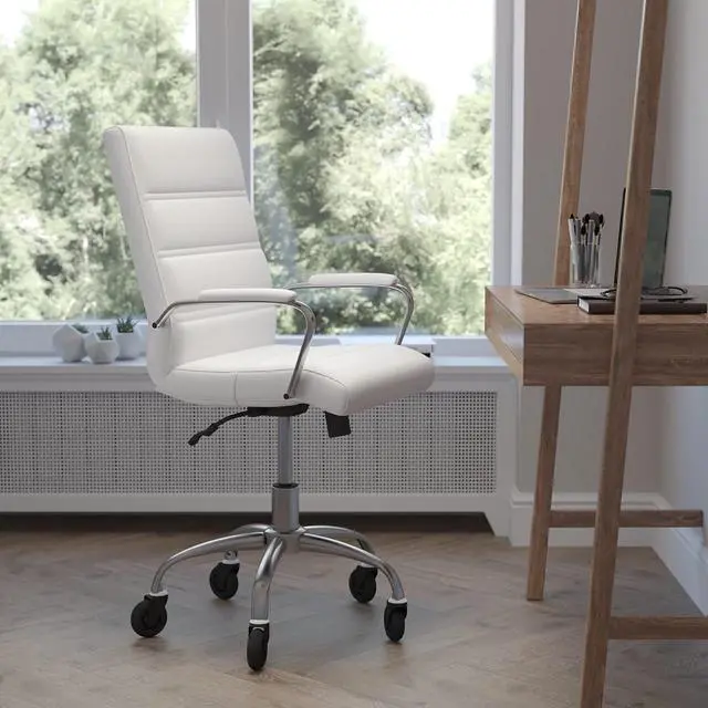 Alt view image 5 of 20 - Camilia Mid-Back White LeatherSoft Executive Swivel Office Chair with Chrome Frame, Arms, and Transparent Roller Wheels
