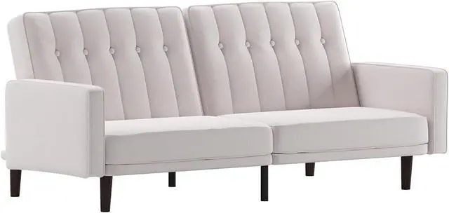 Main image of Carter Premium Tufted Split Back Sofa Futon, Convertible Sleeper Couch for Small Spaces in Stone Faux Linen Upholstery with Solid Wooden Legs