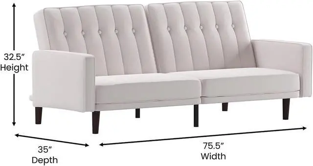 Alt view image 3 of 5 - Carter Premium Tufted Split Back Sofa Futon, Convertible Sleeper Couch for Small Spaces in Stone Faux Linen Upholstery with Solid Wooden Legs