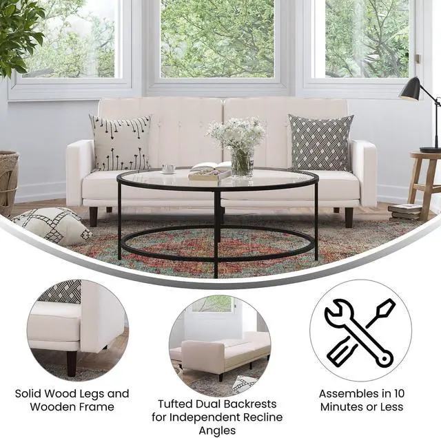 Alt view image 2 of 5 - Carter Premium Tufted Split Back Sofa Futon, Convertible Sleeper Couch for Small Spaces in Stone Faux Linen Upholstery with Solid Wooden Legs
