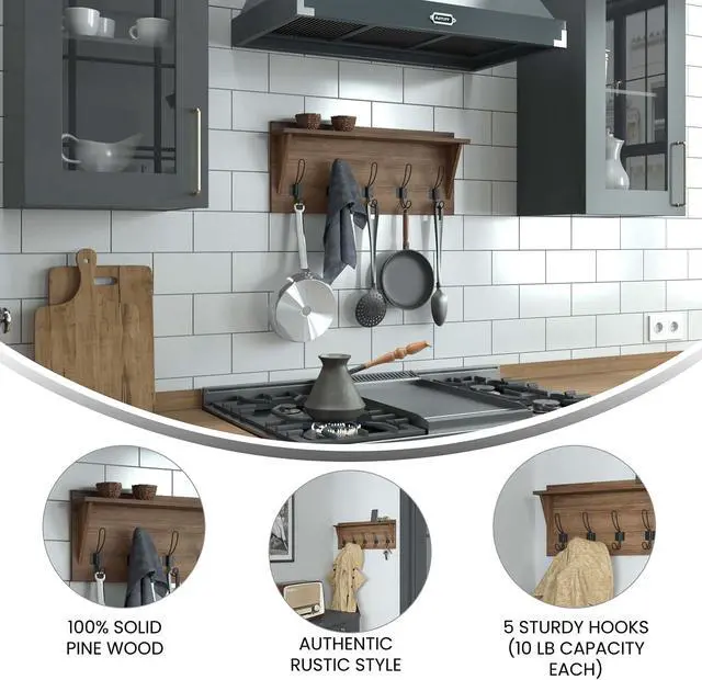 Alt view image 3 of 19 - Daly Wall Mounted 24 Inch Solid Pine Wood Storage Rack with Upper Shelf and 5 Hooks For Entryway, Kitchen, Bathroom, Rustic Brown