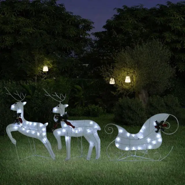 Alt view image 11 of 15 - vidaXL Lighted Reindeer and Sleigh Christmas Decoration with 60 LEDs White