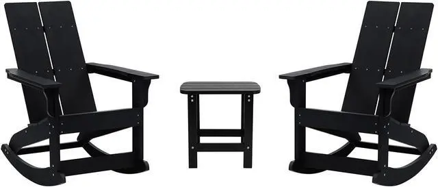 Main image of Set of 2 Black Finn Modern Commercial Grade All-Weather 2-Slat Poly Resin Rocking Adirondack Chairs with Matching Side Table