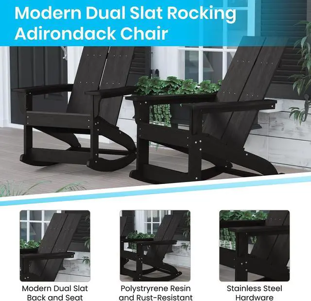 Alt view image 3 of 19 - Set of 2 Black Finn Modern Commercial Grade All-Weather 2-Slat Poly Resin Rocking Adirondack Chairs with Matching Side Table