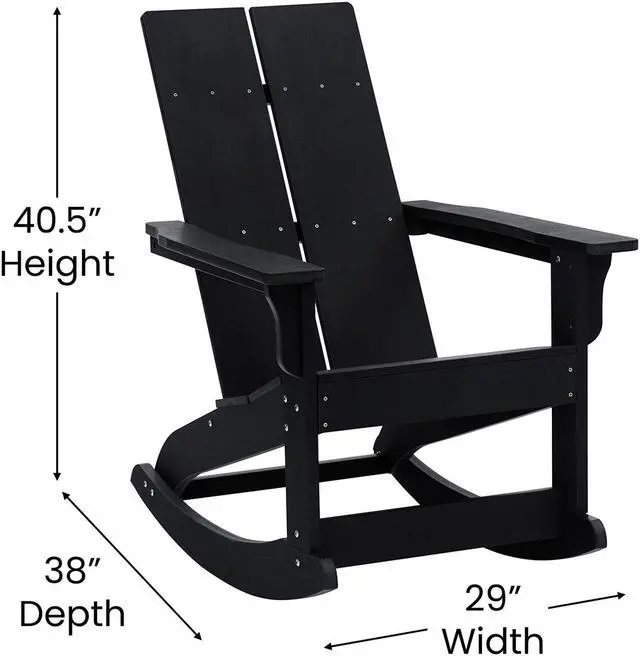 Alt view image 5 of 19 - Set of 2 Black Finn Modern Commercial Grade All-Weather 2-Slat Poly Resin Rocking Adirondack Chairs with Matching Side Table