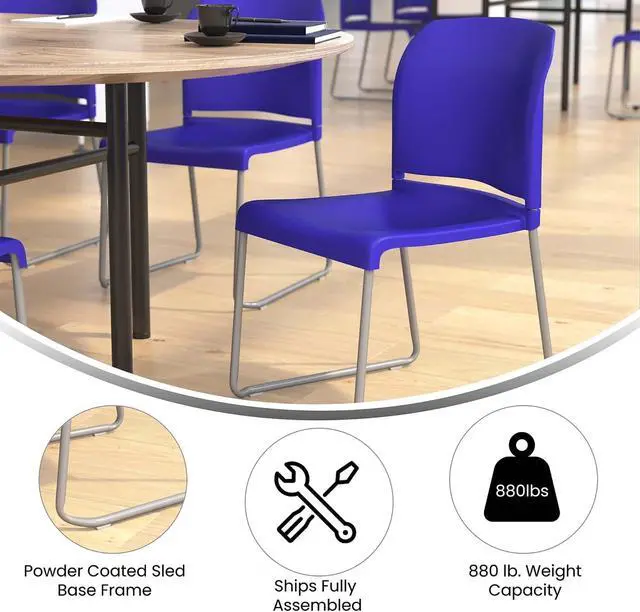 Alt view image 3 of 20 - HERCULES Series 880 lb. Capacity Blue Full Back Contoured Stack Chair with Gray Powder Coated Sled Base
