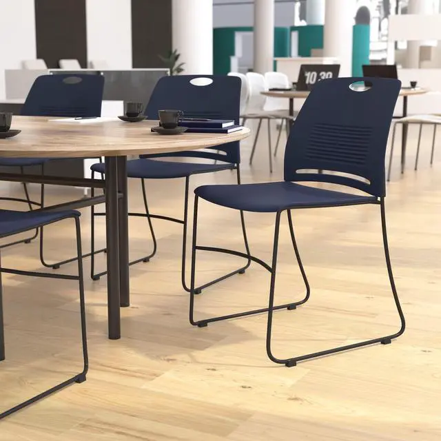 Alt view image 2 of 15 - HERCULES Series Commercial Grade 660 lb. Capacity Navy Plastic Stack Chair with Black Powder Coated Sled Base Frame and Integrated Carrying Handle