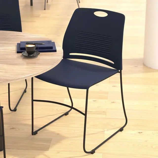Alt view image 3 of 15 - HERCULES Series Commercial Grade 660 lb. Capacity Navy Plastic Stack Chair with Black Powder Coated Sled Base Frame and Integrated Carrying Handle