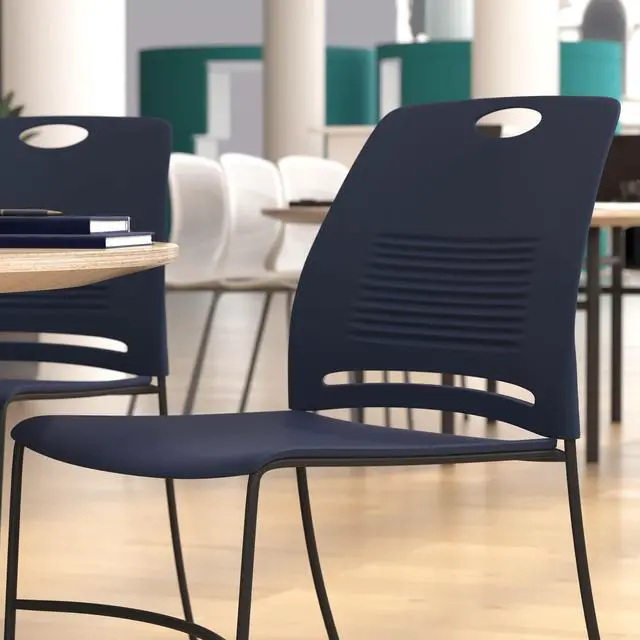 Alt view image 4 of 15 - HERCULES Series Commercial Grade 660 lb. Capacity Navy Plastic Stack Chair with Black Powder Coated Sled Base Frame and Integrated Carrying Handle