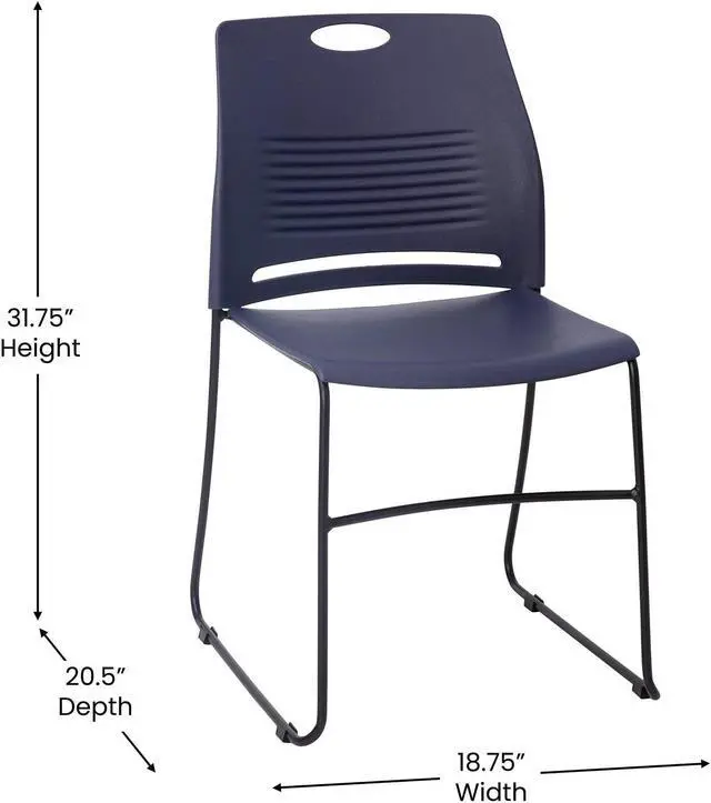 Alt view image 5 of 15 - HERCULES Series Commercial Grade 660 lb. Capacity Navy Plastic Stack Chair with Black Powder Coated Sled Base Frame and Integrated Carrying Handle