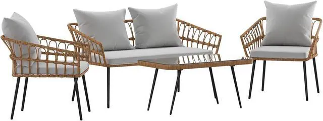 Main image of Evin Boho 4 Piece Indoor/Outdoor Rope Rattan Patio Conversation Set with Tempered Glass Top Coffee Table and Gray Cushions, Natural