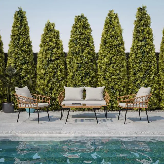 Alt view image 2 of 19 - Evin Boho 4 Piece Indoor/Outdoor Rope Rattan Patio Conversation Set with Tempered Glass Top Coffee Table and Gray Cushions, Natural