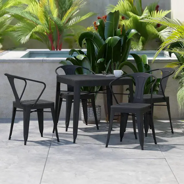Alt view image 2 of 12 - Helvey Commercial 5 Piece Indoor-Outdoor Table and Chairs, 31.5" Square Table with Poly Resin Top, 4 Metal Chairs with Poly Resin Seats, Black