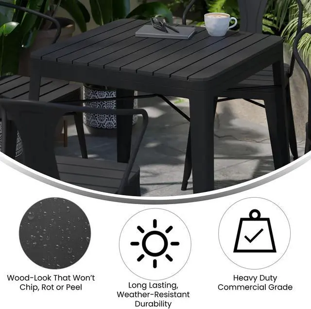 Alt view image 3 of 12 - Helvey Commercial 5 Piece Indoor-Outdoor Table and Chairs, 31.5" Square Table with Poly Resin Top, 4 Metal Chairs with Poly Resin Seats, Black