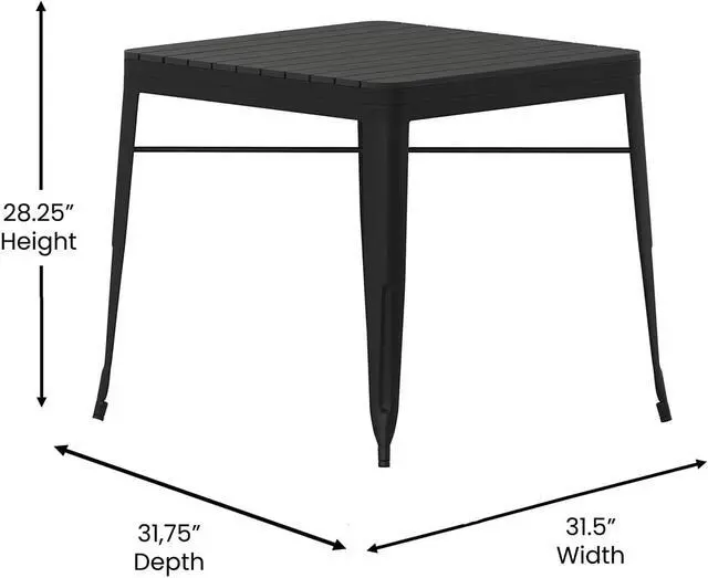 Alt view image 4 of 12 - Helvey Commercial 5 Piece Indoor-Outdoor Table and Chairs, 31.5" Square Table with Poly Resin Top, 4 Metal Chairs with Poly Resin Seats, Black