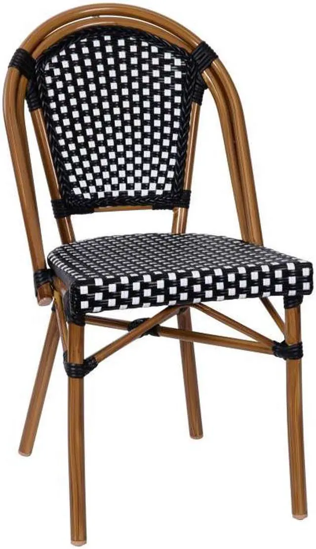 Main image of Bordeaux Indoor/Outdoor Commercial French Bistro Stacking Chair, Black and White PE Rattan Back and Seat, Bamboo Print Aluminum Frame in Natural