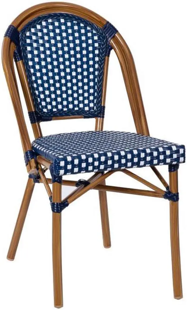 Main image of Bordeaux Indoor/Outdoor Commercial French Bistro Stacking Chair, Navy and White PE Rattan Back and Seat, Bamboo Print Aluminum Frame in Natural