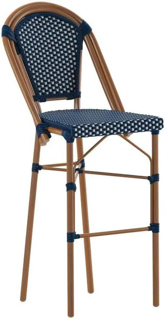 Main image of Bordeaux Stackable Indoor/Outdoor French Bistro 30" High Barstool, Commercial Grade, Navy/White and Bamboo Finish