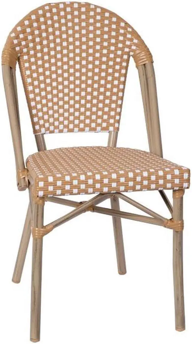 Main image of Lourdes Indoor/Outdoor Commercial French Bistro Stacking Chair, Natural/White PE Rattan Back and Seat, Bamboo Print Aluminum Frame in Light Natural