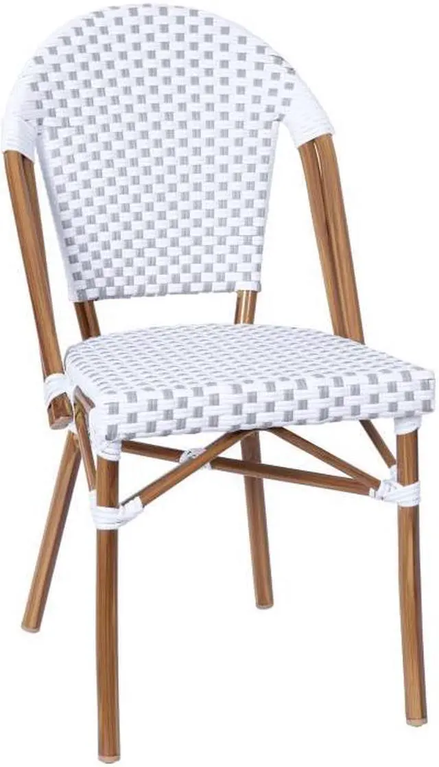 Main image of Lourdes Indoor/Outdoor Commercial French Bistro Stacking Chair, White and Gray PE Rattan Back and Seat, Bamboo Print Aluminum Frame in Natural