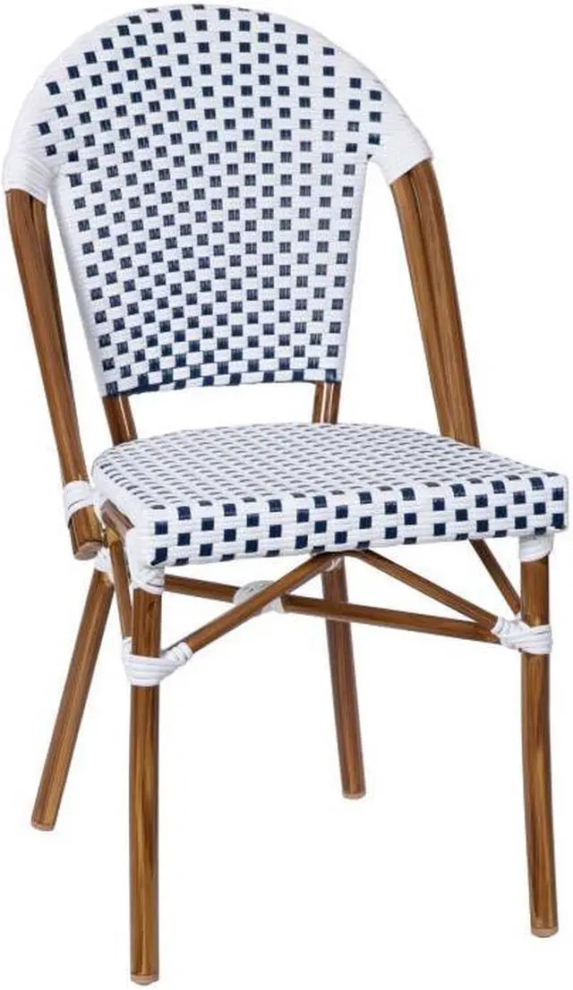 Main image of Lourdes Indoor/Outdoor Commercial French Bistro Stacking Chair, White and Navy PE Rattan Back and Seat, Bamboo Print Aluminum Frame in Natural