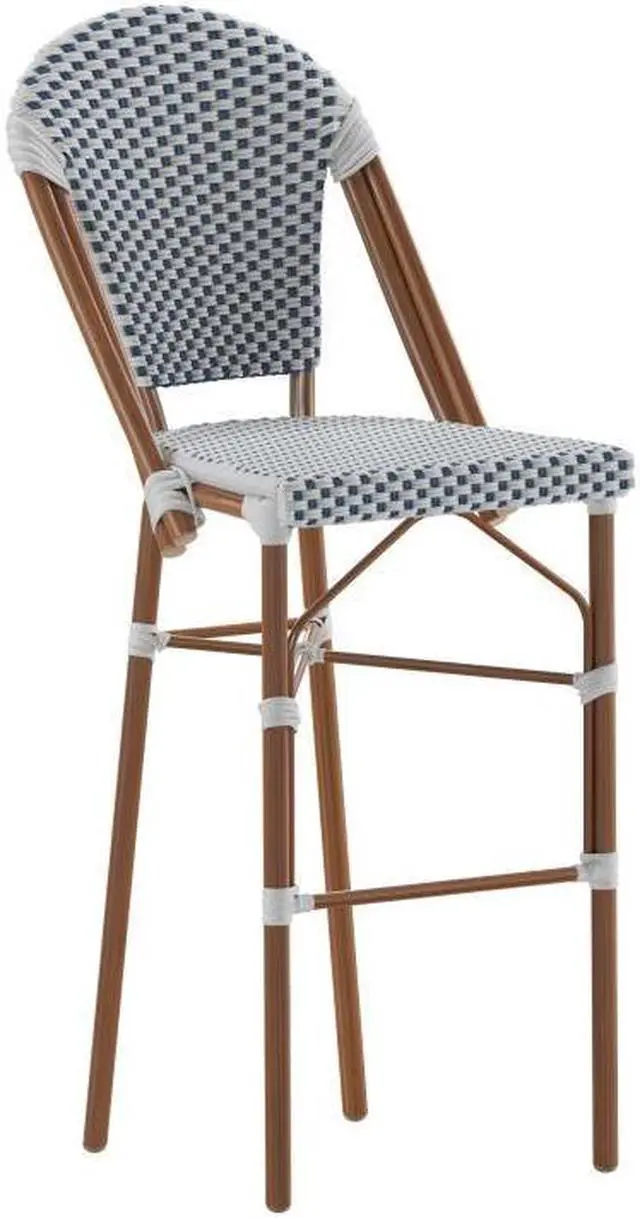 Main image of Lourdes Stackable Indoor/Outdoor French Bistro 30" High Barstool, Commercial Grade, White/Navy and Bamboo Finish