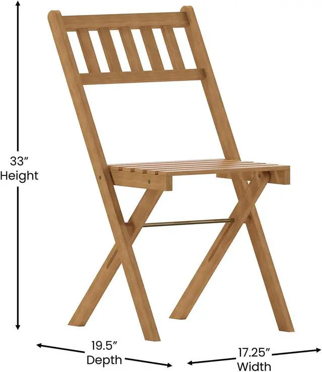 Alt view image 6 of 19 - Martindale Indoor/Outdoor Folding Acacia Wood Patio Bistro Chairs with X Base Frame and Slatted Back and Seat in Natural Finish, Set of 2