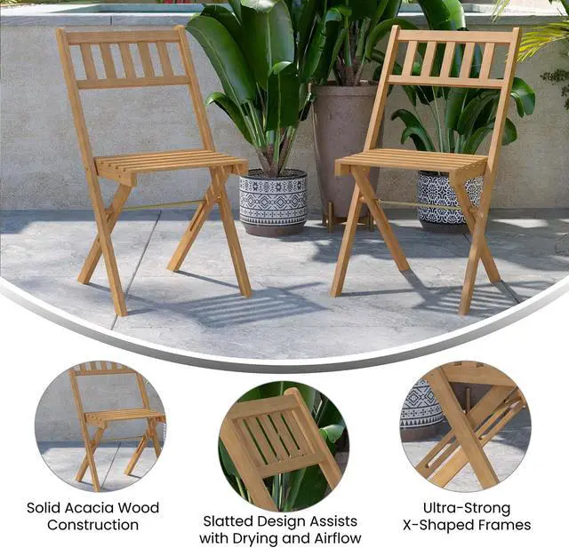 Alt view image 5 of 19 - Martindale Indoor/Outdoor Folding Acacia Wood Patio Bistro Chairs with X Base Frame and Slatted Back and Seat in Natural Finish, Set of 2