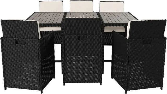 Main image of Peregrine 7 Piece Outdoor Patio Dining Set, Space Saving Black Wicker Modular Chairs-Cream Cushions & Gray Acacia Wood Table Top