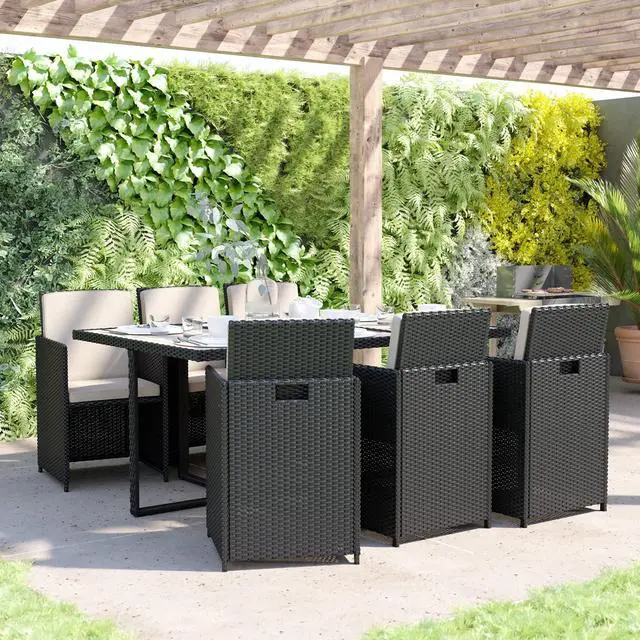 Alt view image 2 of 12 - Peregrine 7 Piece Outdoor Patio Dining Set, Space Saving Black Wicker Modular Chairs-Cream Cushions & Gray Acacia Wood Table Top