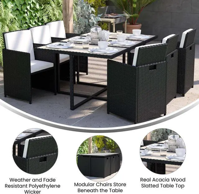 Alt view image 3 of 12 - Peregrine 7 Piece Outdoor Patio Dining Set, Space Saving Black Wicker Modular Chairs-Cream Cushions & Gray Acacia Wood Table Top
