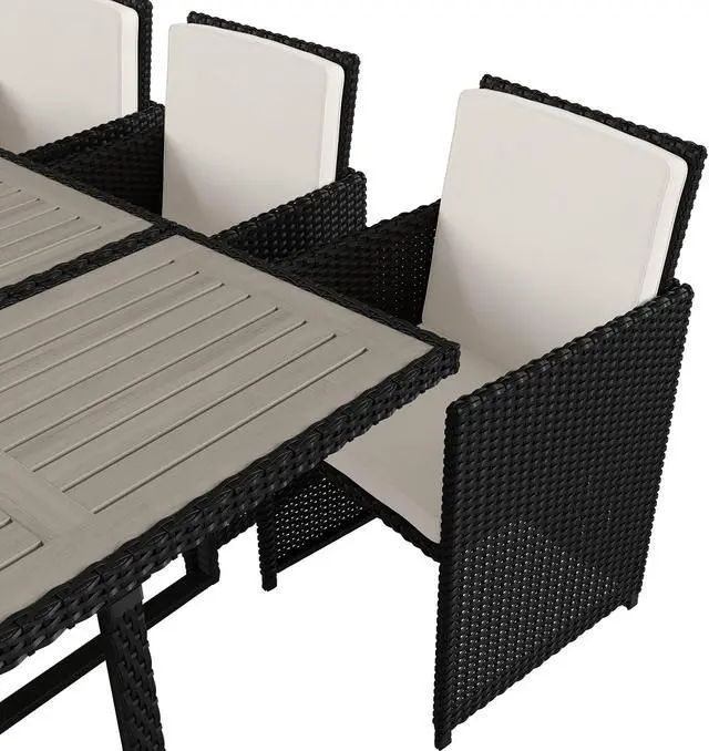 Alt view image 5 of 12 - Peregrine 7 Piece Outdoor Patio Dining Set, Space Saving Black Wicker Modular Chairs-Cream Cushions & Gray Acacia Wood Table Top
