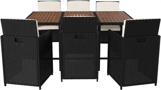 Main image of Peregrine 7 Piece Outdoor Patio Dining Set, Space Saving Black Wicker Modular Chairs-Cream Cushions & Natural Acacia Wood Table Top
