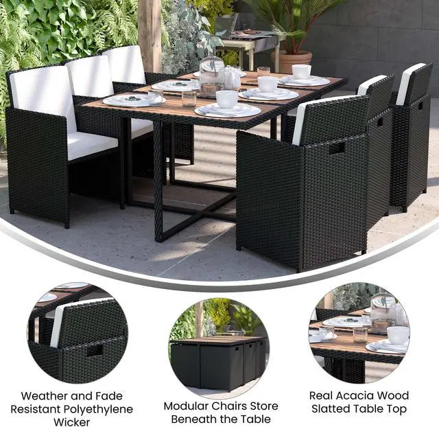 Alt view image 3 of 12 - Peregrine 7 Piece Outdoor Patio Dining Set, Space Saving Black Wicker Modular Chairs-Cream Cushions & Natural Acacia Wood Table Top